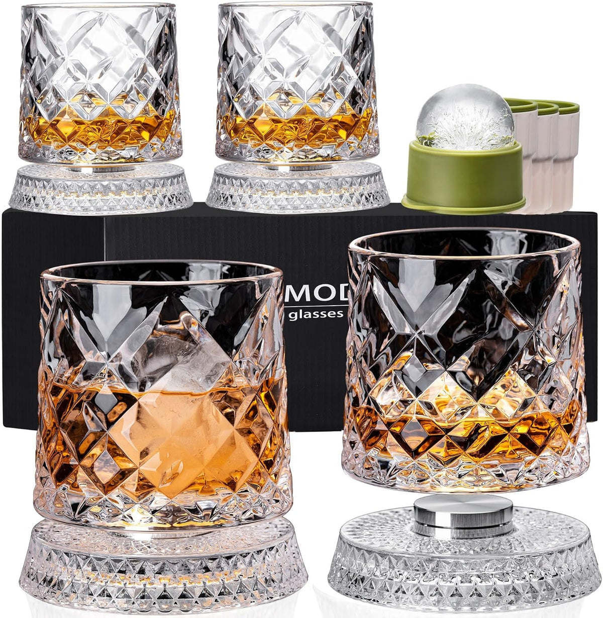 Spinning Whiskey Glasses Set of 4, 9.5 Oz Smooth Rotating Bases, Gift Box