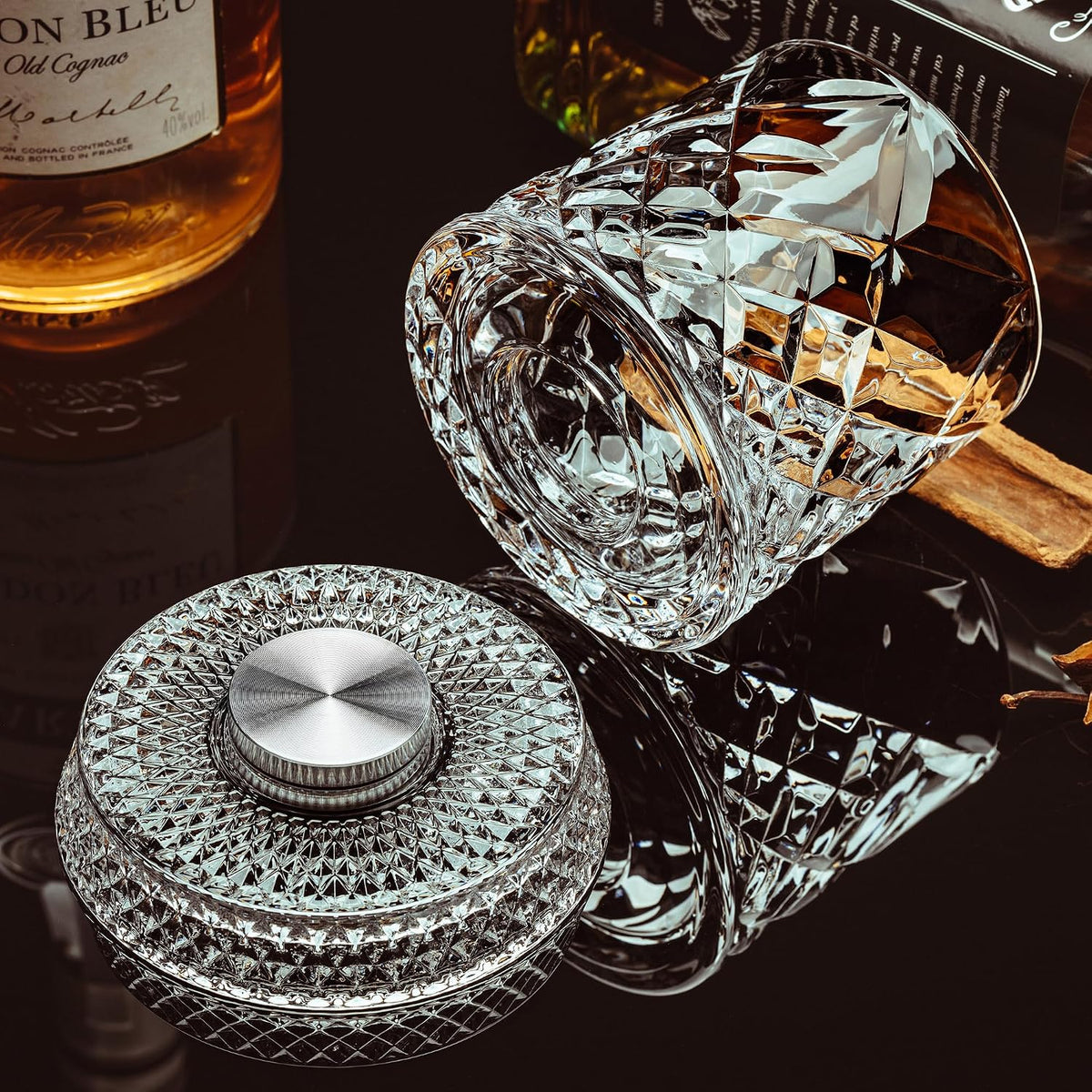 Spinning Whiskey Glasses Set of 4, 9.5 Oz Smooth Rotating Bases, Gift Box