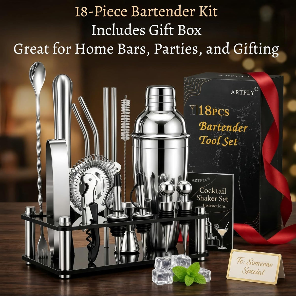 Cocktail Shaker Set, 18-Piece Bartender Kit with Acrylic Stand