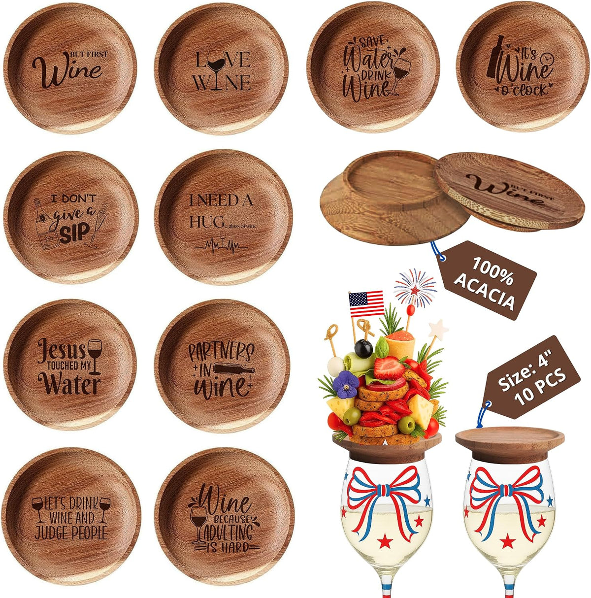 Premium Acacia Charcuterie Wine Glass Topper, Wooden Wine Glass Topper Appetizer Plates, Mini Charcuterie Boards, Charcuterie Accessories (10 Pcs)