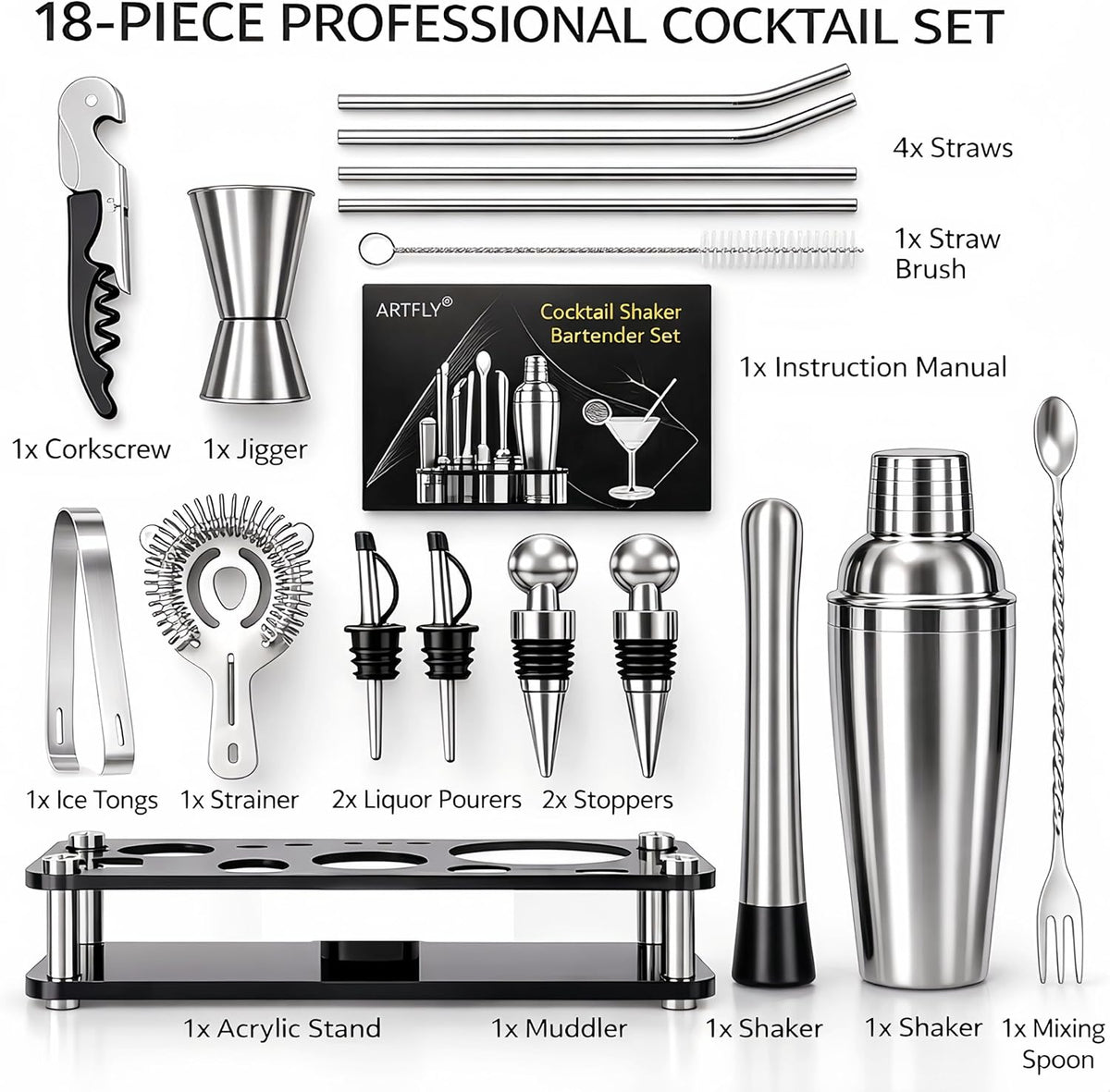 Cocktail Shaker Set, 18-Piece Bartender Kit with Acrylic Stand