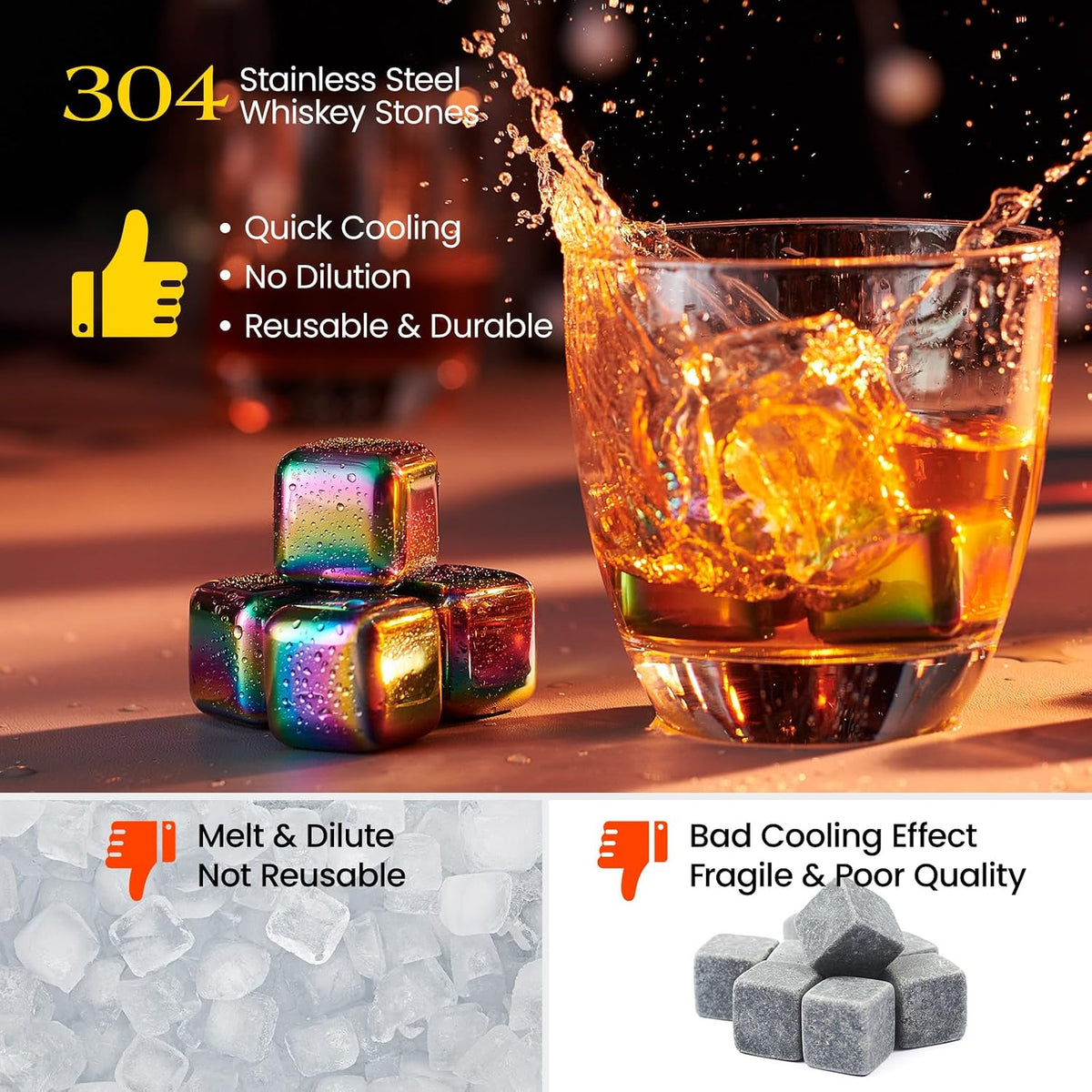 Whiskey Stones 8-Pack Stainless Steel Chilling Rocks Set, Multicolor