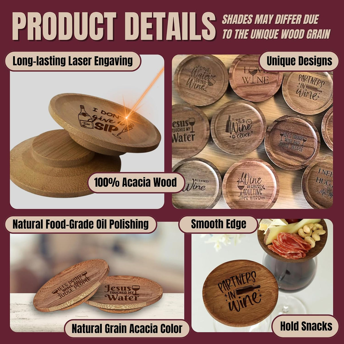 Premium Acacia Charcuterie Wine Glass Topper, Wooden Wine Glass Topper Appetizer Plates, Mini Charcuterie Boards, Charcuterie Accessories (10 Pcs)