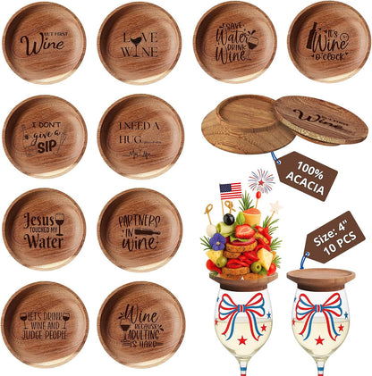 Premium Acacia Charcuterie Wine Glass Topper, Wooden Wine Glass Topper Appetizer Plates, Mini Charcuterie Boards, Charcuterie Accessories (10 Pcs)